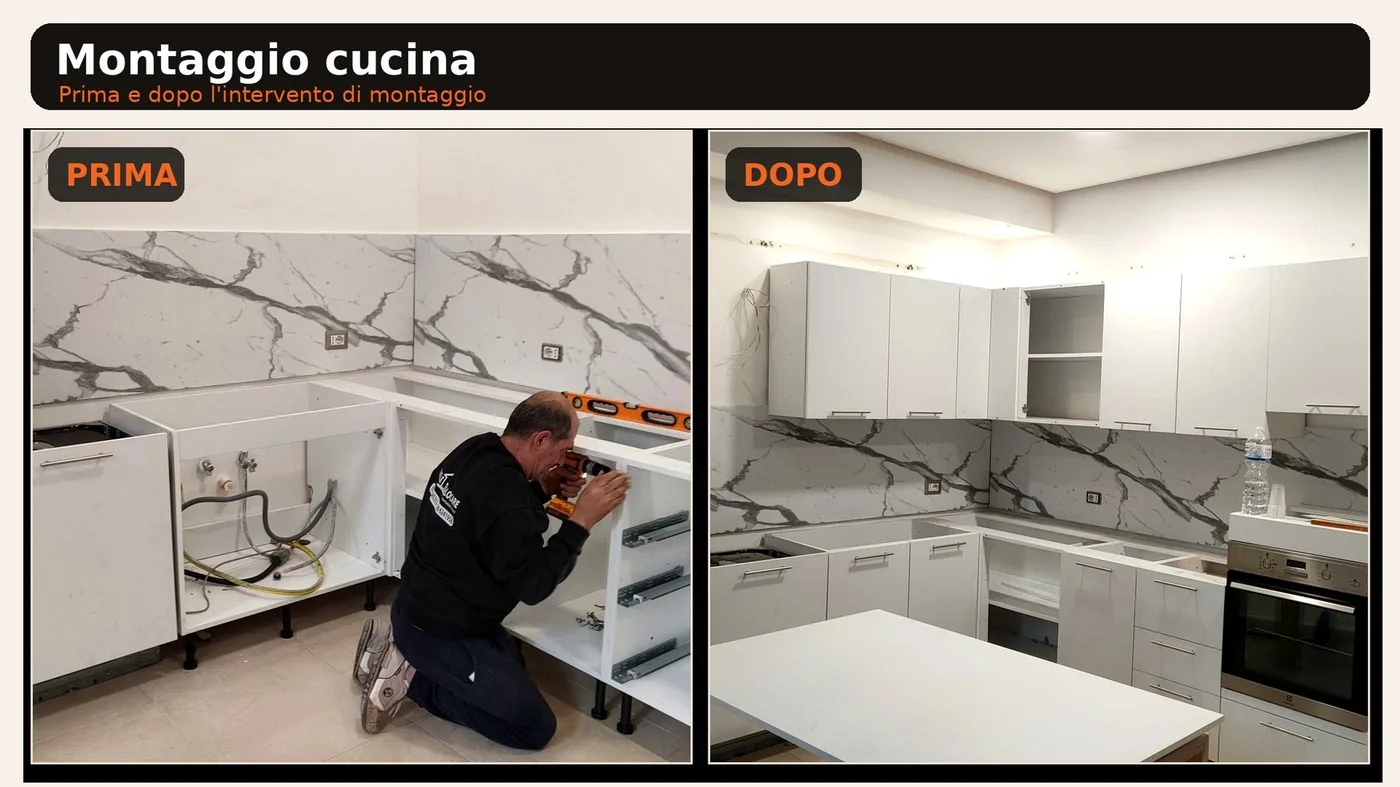 Prima e dopo il montaggio di una cucina bianca